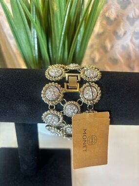 Vintage Monet Gold Tone Rhinestone Statement Bracelet